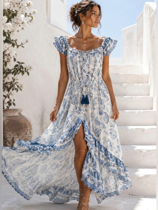 Pookie & Sebastian Dresses & Skirts - Boho Hi Low Maxi Dress Blue White Floral Ruffle Small Cottagecore